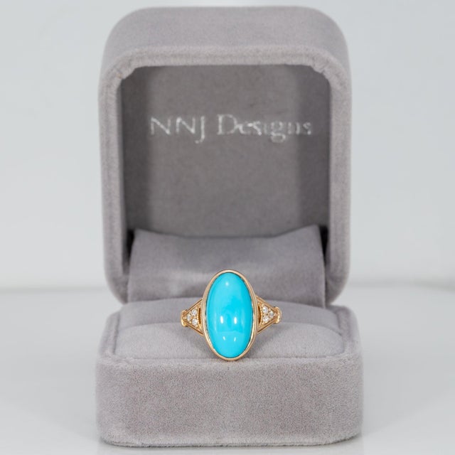 Modern 5.5Ct Sleeping Beauty Turquoise Ring With Earth Mined Diamonds in Solid 14k Gold, Size 6.75 For Sale - Image 3 of 9