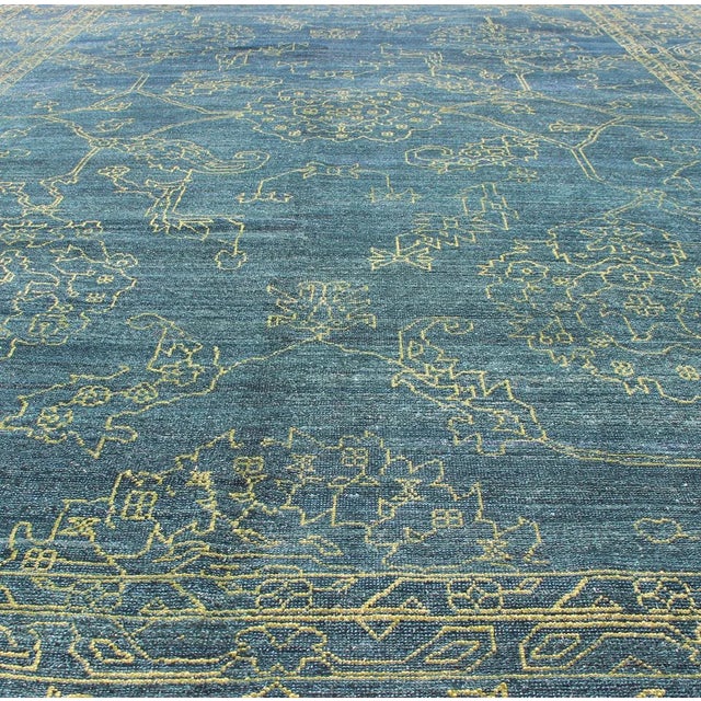 Blue Fine Modern Rug With Transitional Design in Teal Blue and Lime Green For Sale - Image 8 of 13
