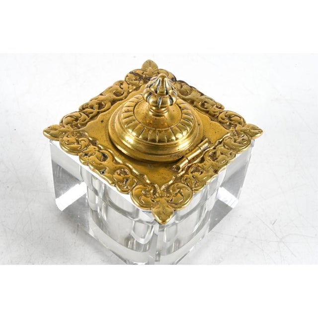 Rococo Antique Rococo Style Square-Cut Crystal and Brass Inkwell For Sale - Image 3 of 7