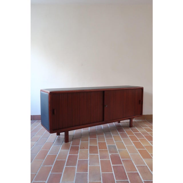 Teak Sideboard with Sliding Doors and Black Vinyl Top, 1970s For Sale - Image 3 of 18