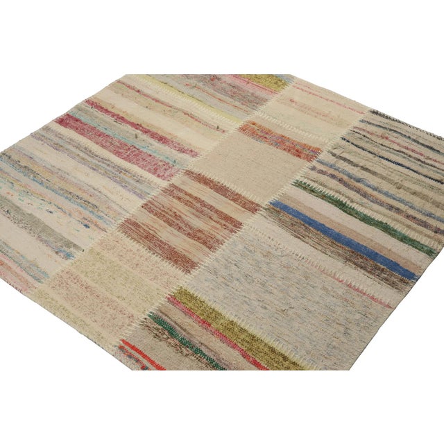 Rug & Kilim Rug & Kilim’s Patchwork Kilim Square Rug in Polychromatic Stripes For Sale - Image 4 of 6