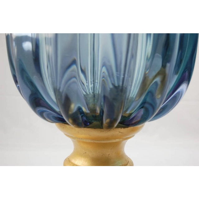 Vintage Murano glass table lamps designed by Archimede Seguso for The Marbro Lamp Company. The glass of each PEACOCK BLUE...