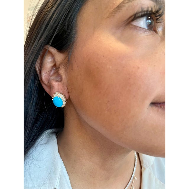 8 Ct Oval Sleeping Beauty Turquoise 1.5ct Diamond Stud Earrings 14 K Yellow Gold For Sale - Image 11 of 18