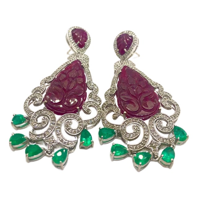 Bochic “Capri” Vintage Emerald, Ruby & Diamond Earrings Set In 18K Gold & Silver For Sale
