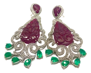 Bochic “Capri” Vintage Emerald, Ruby & Diamond Earrings Set In 18K Gold & Silver
