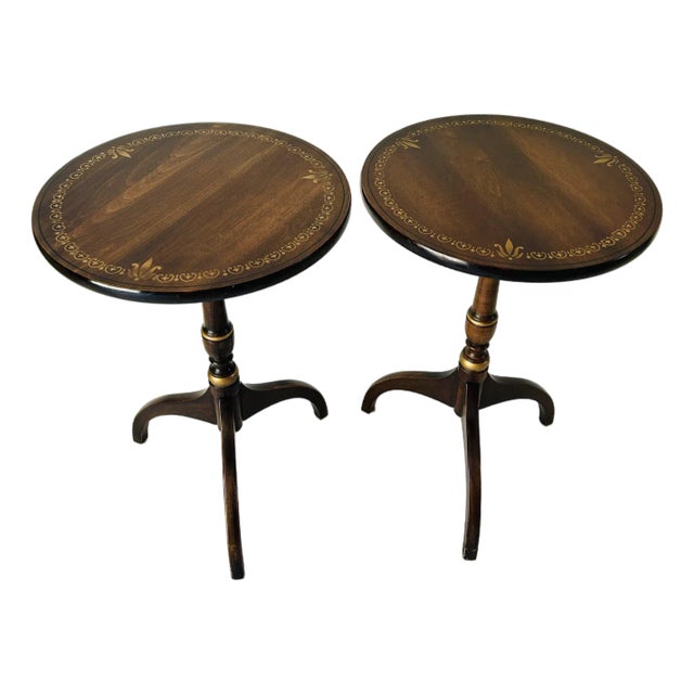 1970s Vintage L. Hitchcock Stencil Round Side Tables Pair For Sale