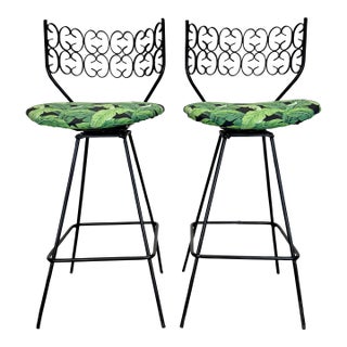 Mid Century Modern Arthur Umanoff Style Wrought Iron Swivel Bar Stools—a Pair For Sale