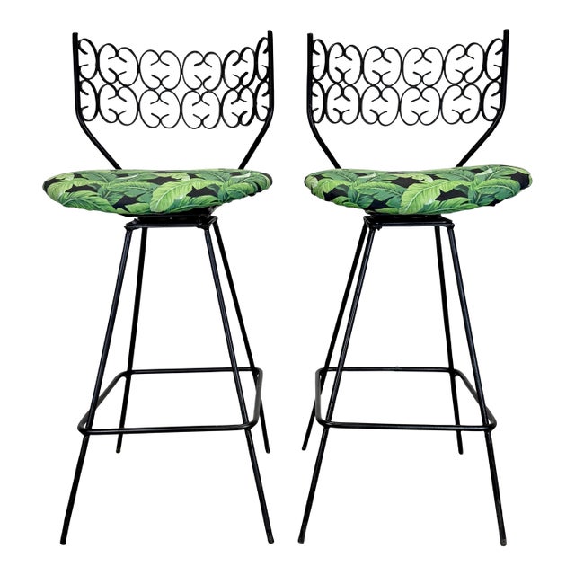 Mid Century Modern Arthur Umanoff Style Wrought Iron Swivel Bar Stools—a Pair For Sale