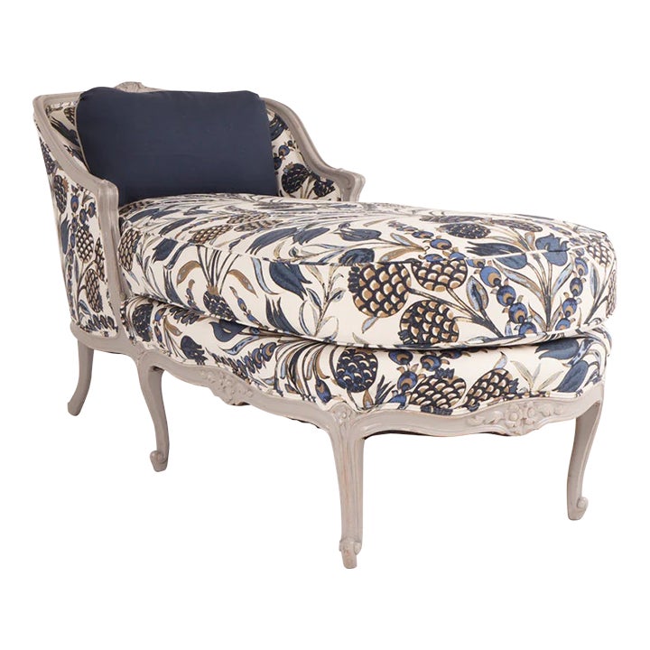 Early 1900s French Antique Chaise Lounge in Thibaut Cornelia Navy