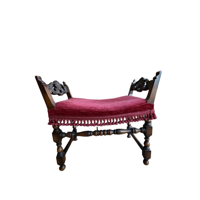 Vintage American Furniture Company Upholstered Vanity Bench With Turned Legs and Tassel Trim For Sale - Image 4 of 12