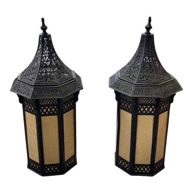 Vintage Moroccan-Style Wrought Metal and Glass Wall Lanterns - a Pair For Sale