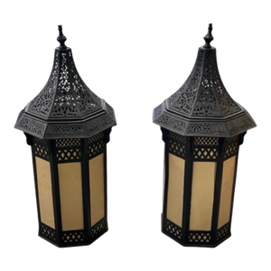 Vintage Moroccan-Style Wrought Metal and Glass Wall Lanterns - a Pair