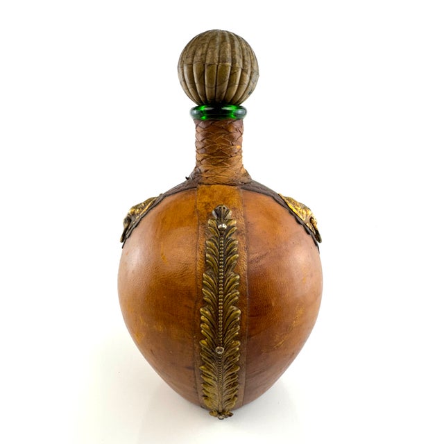 Brown 1960s Italian Leather Wrapped Decanter With Lion Head Brass Medallion For Sale - Image 8 of 13