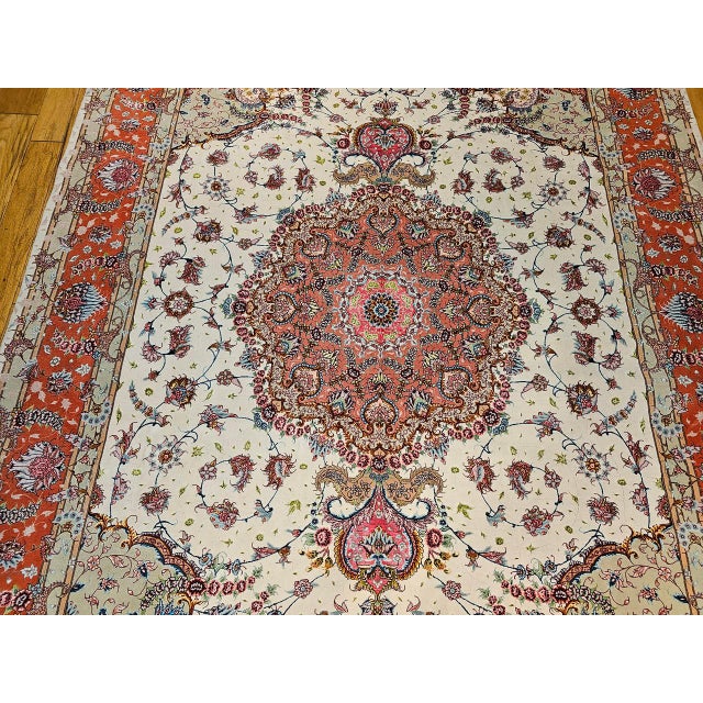 Vintage Persian Tabriz Rug, Hand-Knotted Wool & Silk, Floral Pattern, Ivory & Pink, 8x12 For Sale - Image 15 of 18