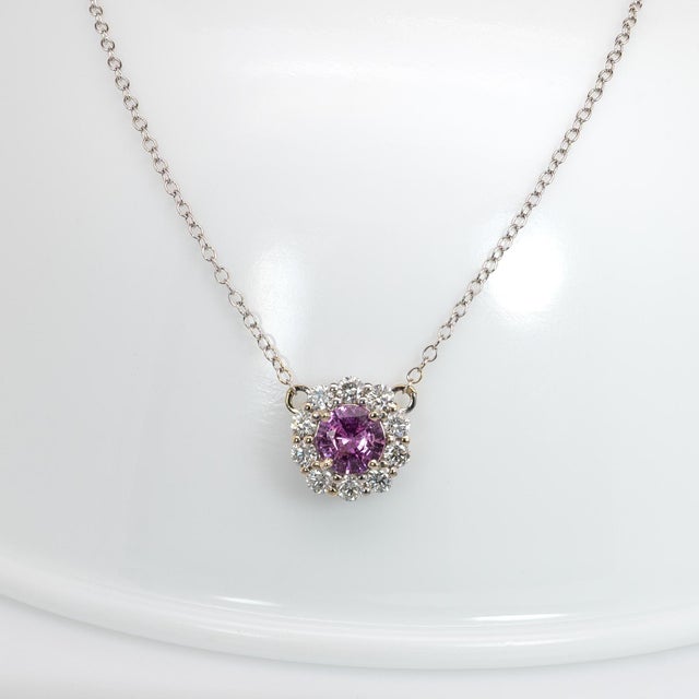 Pink Sapphire Pendant Attached Chain With Natural Diamonds : Solid 14k Gold For Sale - Image 4 of 8