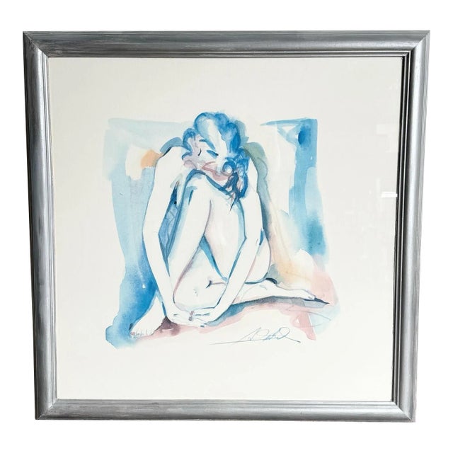 Vintage Singed and Framed Water Color Painting of Kneeling Lady For Sale