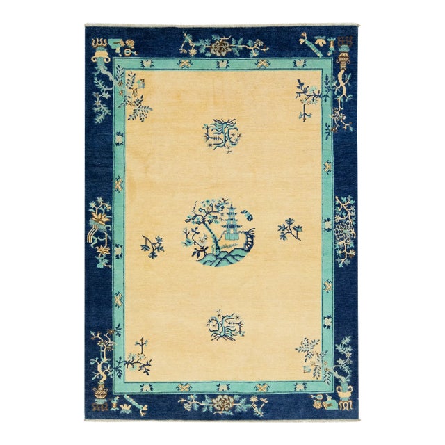 Modern Chinese Peking Style Wool Rug Handmade in Muted Tones With Dragon Design For Sale