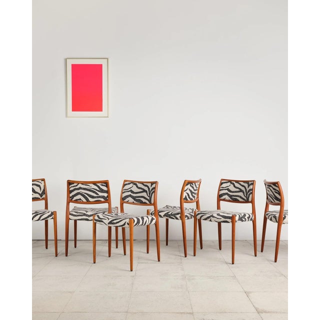 Mid-Century Modern Model 80 Dining Chairs in Teak with Zebra-Print Upholstery by Niels O. Møller for j.l. Møllers, Denmark, 1960s, Set of 6 For Sale - Image 3 of 18