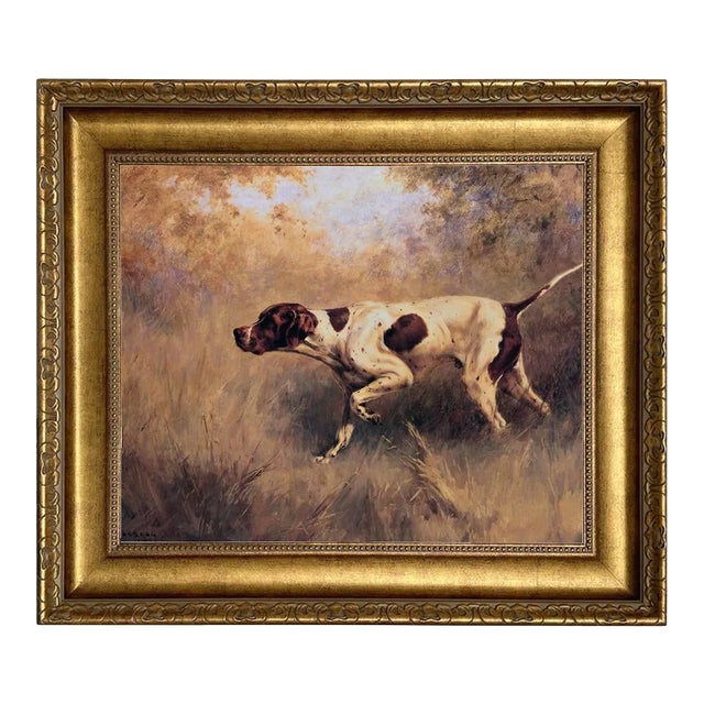 On Point English Pointer Oil Painting Print on Canvas in Wide Antiqued Gold Frame- a 16" X 20" Framed to 24" X 26" For Sale