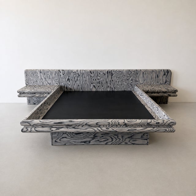 Vintage 1980s Postmodern queen platform bed with integrated nightstands, refinished in the Ettore Sottsass pattern...