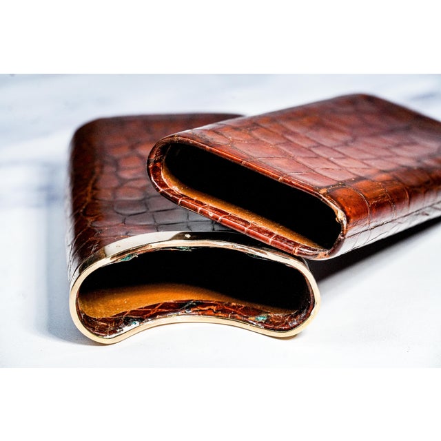 Metal Rare Art Deco Antique Asprey 9k Gold Leather Cigar Case Tobacciana For Sale - Image 7 of 11