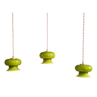 Vintage Pendant Lights in Green Opaline Glass, 1960s, Set of 3 For Sale