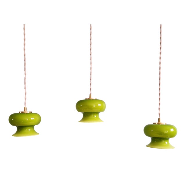 Vintage Pendant Lights in Green Opaline Glass, 1960s, Set of 3 For Sale