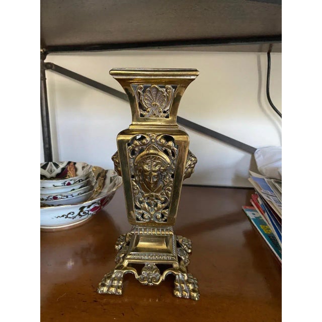 Antique Victorian pierced brass spill vase, originally used for holding spills to light fires. Elaborate pierced and...