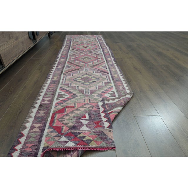 1970s Vintage Turkish Oushak Handmade Wool Cotton Pink Runner Rug For Sale - Image 4 of 11
