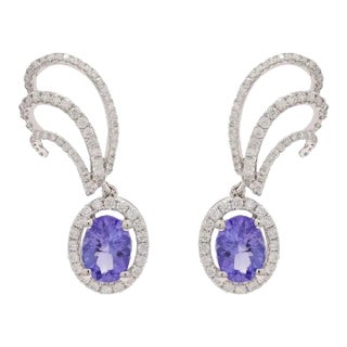 1.98 Carat Tanzanite and Diamond Climber Drop Earrings in 14k White Gold- 2 Pieces For Sale