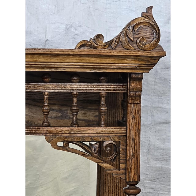 Brown Antique 1890s Tiger Oak Over Mantel With Bowed Glass Cabinet & Beveled Mirrors For Sale - Image 8 of 17