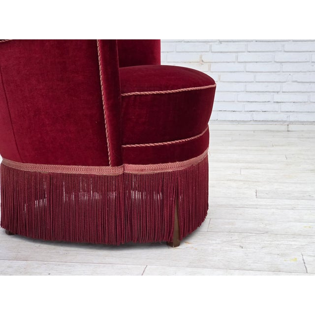 Danish Armchair in Cherry-Red Velour with Ash Legs, 1970s For Sale - Image 15 of 17