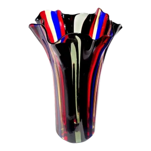 Murano Oggetti Vintage Red Blue Yellow Black Gray Bands Italian Art Glass Tall Fazzoletto Flower Vase