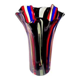 Vintage Murano Oggetti Label Red Blue Yellow Black Gray Bands Italian Art Glass Tall Fazzoletto Flower Vase For Sale