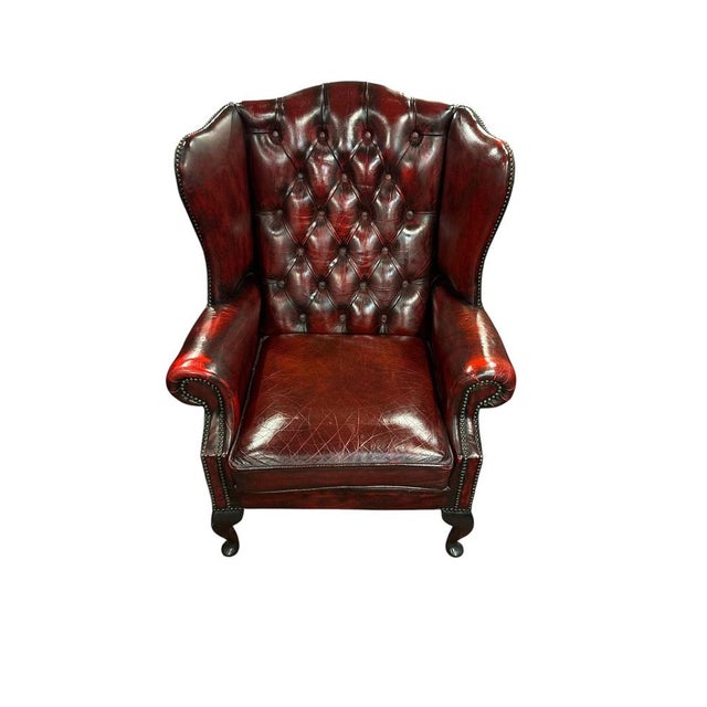 English Chesterfield Wingback Chair with Ottoman, Set of 2 For Sale - Image 9 of 11