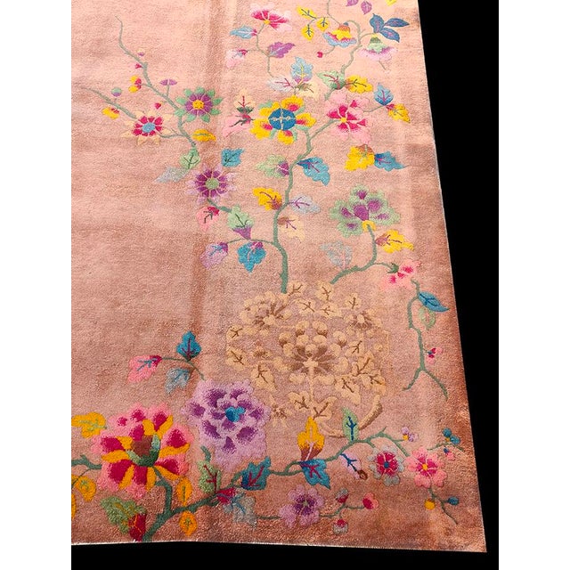 Art Deco 1930s Orange-Peach Floral Modern Antique Chinese Art Deco Rug Handknotted Carpet For Sale - Image 3 of 7
