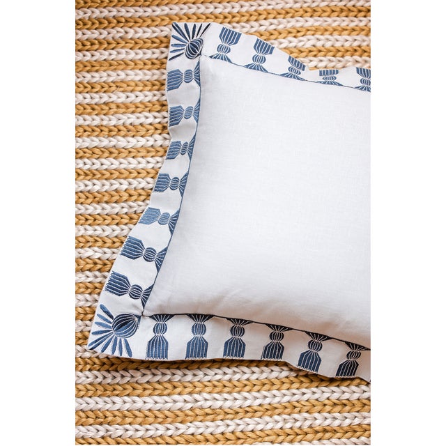 Tassel Embroidered Linen Pillow, Sky Blue & Navy, 24 "x 24" For Sale - Image 11 of 12