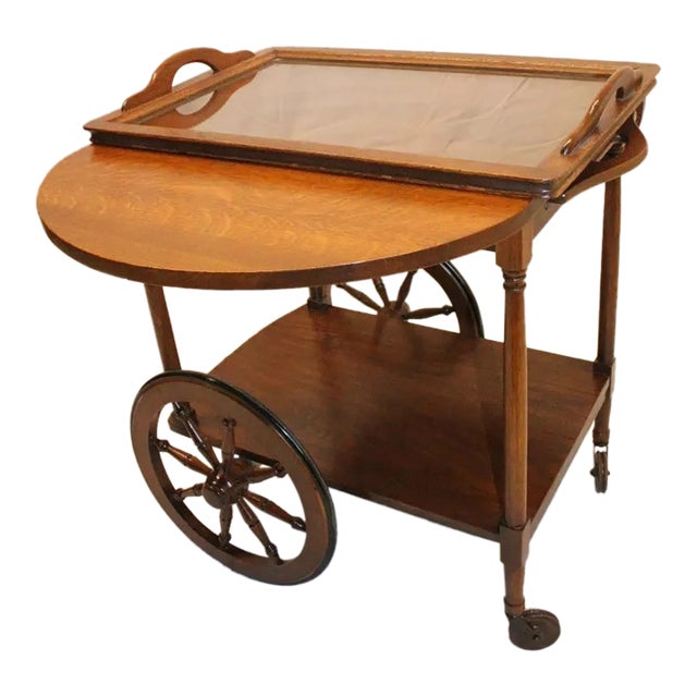 Early 20th Century Arts & Crafts Tiger Oak Serving Drop Leaf Table, Tea Cart With Tray For Sale