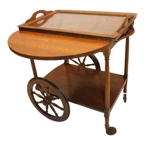 Early 20th Century Arts & Crafts Tiger Oak Serving Drop Leaf Table, Tea Cart With Tray