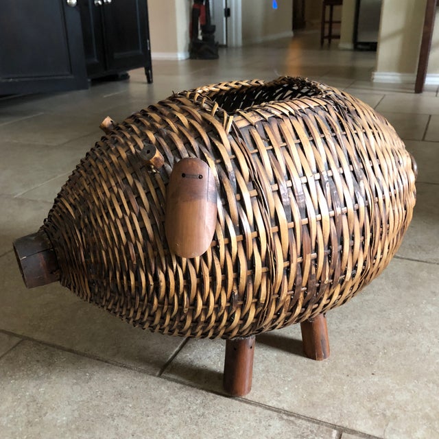 Mid Century Bamboo and Wicker Pig Basket Chairish