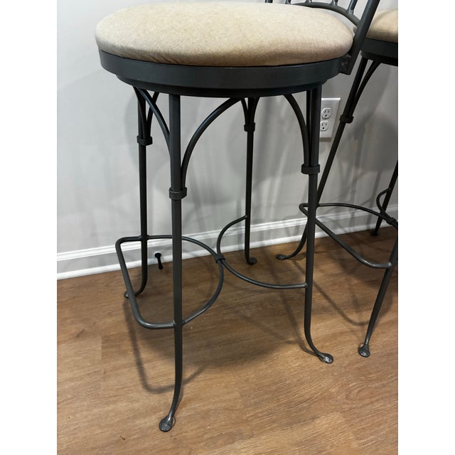 Late 20th Century Pair Charleston Forge Gray Wrought Iron Arched Swivel Bar Stools For Sale - Image 9 of 12