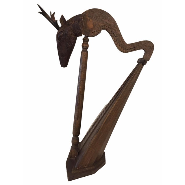 Shabby Chic Large Antique Early 20th Century Oak Wood Stag Head Harp For Sale - Image 3 of 13