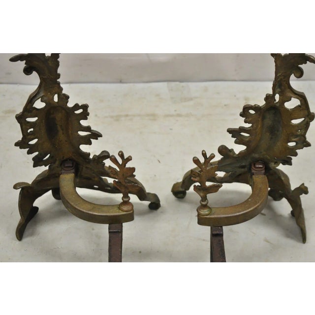 Gold Early 20th Century French Rococo Baroque Style Brass Leafy Acanthus Andirons - a Pair For Sale - Image 8 of 12