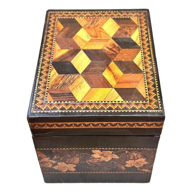 A Charming 19th Century Tunbridge Ware Tea Caddy with Attractive Floral Band To Main Body And Parquetry Perspective Cubes...