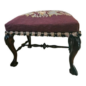 Antique French Bench Footstool Needlepoint Upholstered Vanity Stool