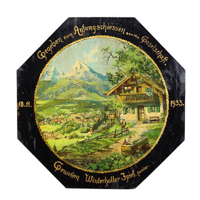 Antique Honor Target with Alpine Landscape and Chalet, Germany 1933 Item e8148 An antique honorary shooting target in...
