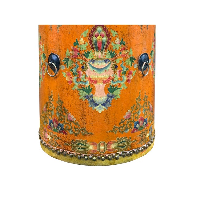 Wood Distressed Light Orange Tibetan Style Jewel Symbol Round Drum Table For Sale - Image 7 of 10