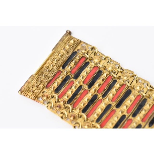1950's Grecian Gold Plated Metal With Red and Black Enamel Cuff Bracelet For Sale - Image 4 of 10