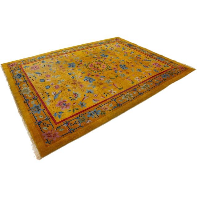 Goldenrod Antique 1920s Chinese Art Deco Rug in Goldenrod With Floral Motif For Sale - Image 8 of 10