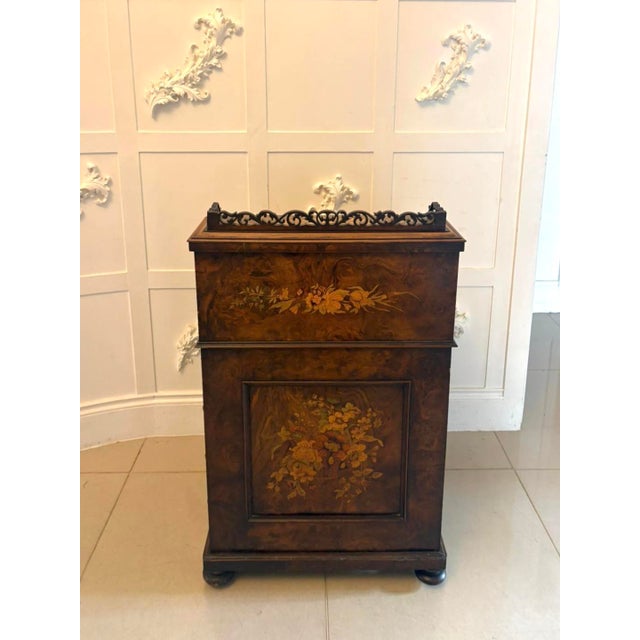 Antique Victorian Burr Walnut Floral Marquetry Piano Top Davenport Desk, 1850 For Sale - Image 6 of 18